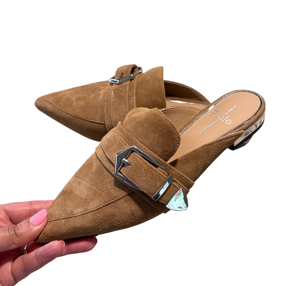 Linea Paolo Suede Mules Womens 6M Tan Pointed Toe Buckle Loafer Slides Chic